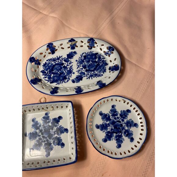 Set of 3 Dishes White with blue florals Pierced edges, shelf or wall art EUC - Picture 2 of 13